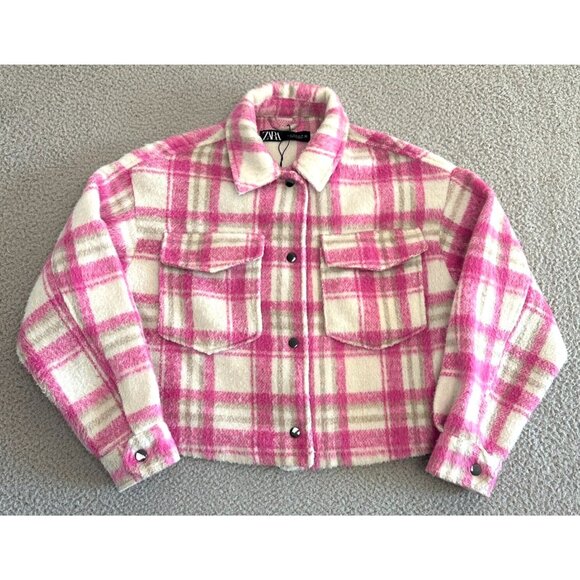Zara Pink Plaid Crop Shirt Jacket Shacket Fuzzy Thick Coquette Western - Picture 1 of 16